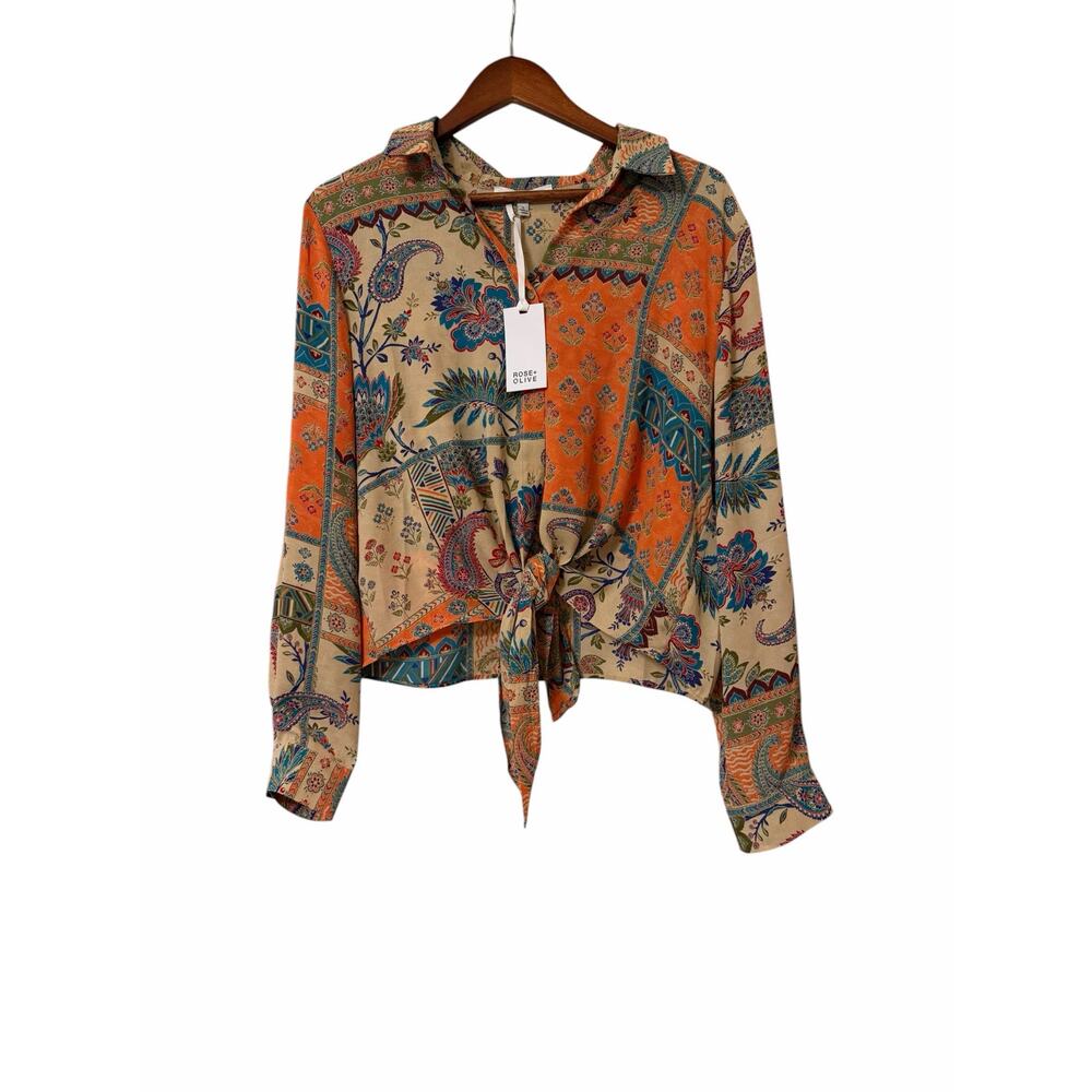 NWT Rose + Olive Paisley Patchwork Tie Front Blouse Size Large Boho Top